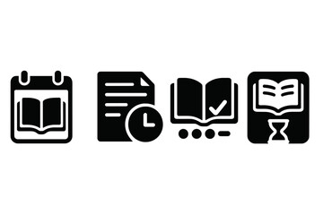 Obraz premium Solid Reading Icons. Solid style icons of reading plans: book calendar, article time, read tracker, knowledge slot. Solid style of