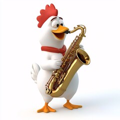 Cartoon Chicken Playing Saxophone in 3D Clipart Style