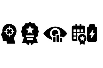 Cognitive Icons Collection. Solid style icons of attention score: tracking icon with head silhouette, attention performance badge,