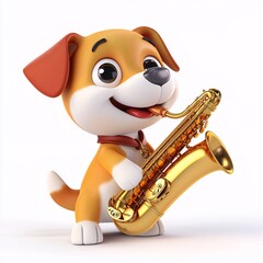 3D Cheerful Cartoon Dog Playing Saxophone on White Background