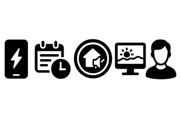 Mindful Remote Work Icons. Solid style icons of mindful remote work spaces: app with energy tracker, work session planner, quiet