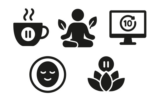 Mindful Break Icons. Solid style icons of mindful break reminders: tea cup with pause icon, person resting with leaves, screen