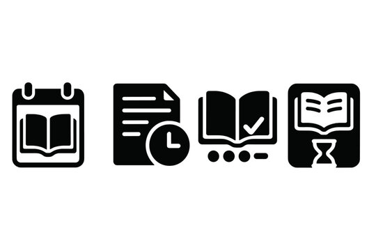 Solid Reading Icons. Solid style icons of reading plans: book calendar, article time, read tracker, knowledge slot. Solid style of