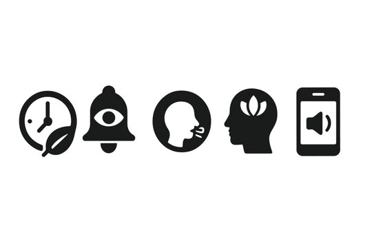 Mindful Break Icons. Solid style icons of mindful break reminders: clock with leaf symbol, eye rest alert icon, breath reminder