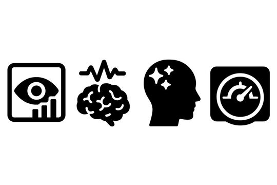 Focus Tracking Icons. Solid style icons of attention score: eye with progress bars, brainwave attention icon, head with sparkles,