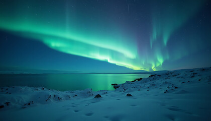 Stunning View of the Northern Lights Over a Snowy Landscape and Serene Lake