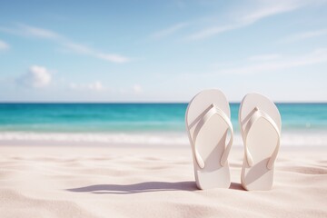 Pair of white flip flops standing upright on sandy beach with turquoise ocean and blue sky in soft focus background, symbolizing summer travel mood.