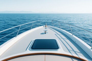 Luxury yacht bow sailing on calm sea under clear blue sky with distant mountain background, peaceful light travel concept image.