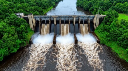 Aerial View of a Dam with Water Flowing Through Spillways