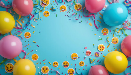 High-energy flat lay with emoji balloons, colorful streamers, and sticker-like birthday icons scattered playfully.