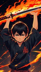 Flaming Samurai Anime Boy Illustration Art