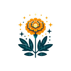 orange marigold with dark green leaves and small orange stars and dots surrounding it. Ideal for websites/blogs about Dia de los Muertos, flowers, autumn, celebrations, or Mexican culture.