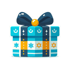 present wrapped with blue and white stripes, adorned with Star of David and power symbols, and a dark blue bow. Ideal for websites/blogs about Hanukkah, gifts, holidays, Jewish celebrations, or winter