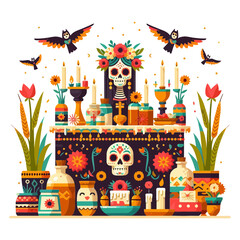 colorful Day of the Dead altar with skulls, candles, flowers, and birds. Ideal for websites/blogs about Mexican culture, Dia de los Muertos, traditions, celebrations, or festive art.