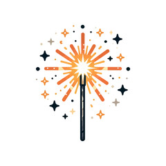 sparkling firework or sparkler with radiant orange and yellow bursts, surrounded by small stars and dots. Ideal for websites/blogs about celebrations, events, holidays, magic, or festive announcements