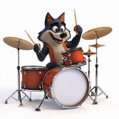 Fototapeta premium Cartoon Wolf Playing Drums on White Background in 3D