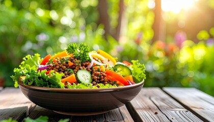 Salade estivale de lentilles avec salade verte, tomates cerises, concombres, oignons, olives noires, dans un plat posé sur une terrasse de jardin. Generated image