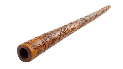 Handmade wooden didgeridoo with carved designs Transparent background, PNG file