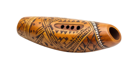 Handmade wooden ocarina with tribal patterns Transparent background, PNG file