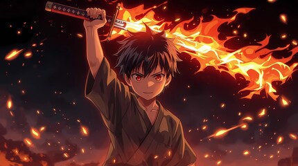Flaming Samurai Anime Boy Illustration Art