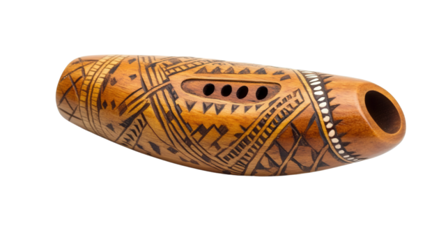 Handmade wooden ocarina with tribal patterns Transparent background, PNG file - Powered by Adobe