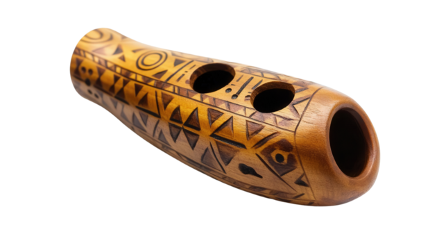 Handmade wooden ocarina with tribal patterns Transparent background, PNG file