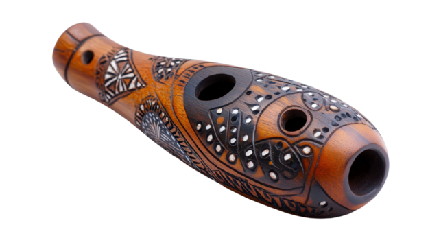 Handmade wooden ocarina with tribal patterns Transparent background, PNG file