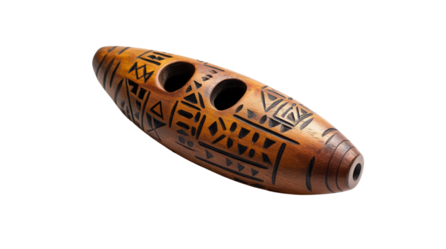 Handmade wooden ocarina with tribal patterns Transparent background, PNG file