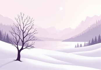 Winter Landscape with Leafless Tree and Lake