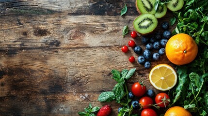 A wooden table with a variety of fresh fruits and vegetables, including oranges, strawberries, blueberries, and kiwi slices, arranged in a visually appealing manner.