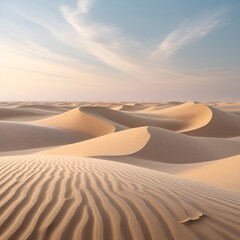 Desert landscape with wind patterns on sand dunes under blue sky view background