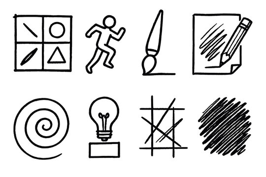 Dynamic Sketch Icons. Line style icons of drawing: sketch symbols, dynamic character pose, brush tool tip, classic sketch icon,