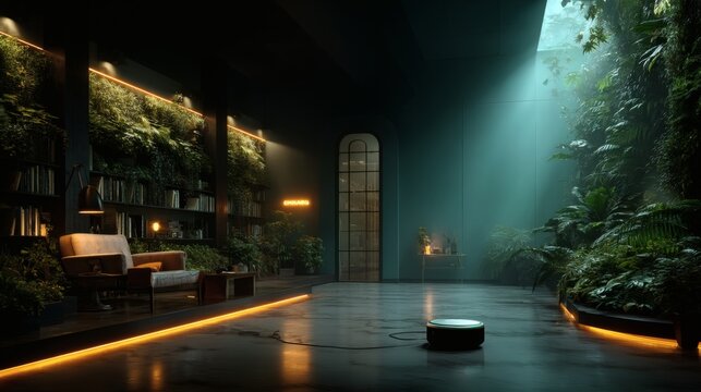 Scene showing person stretching between tasks while AI assistant dims ambient lighting and starts wellness playlist from smart audio hub; interior design features mid-century furniture and vertical 