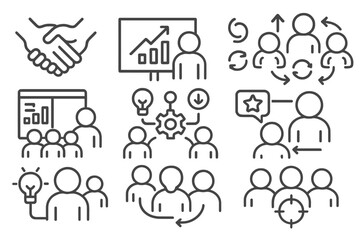 Teamwork Line Icons. Line style icons of teamwork: trust symbol, results tracking board, flexible roles, project schedule team,