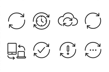 Data Sync Icons. Line style icons of data synchronization: sync arrows, real-time update, cloud sync icon, auto-refresh symbol,