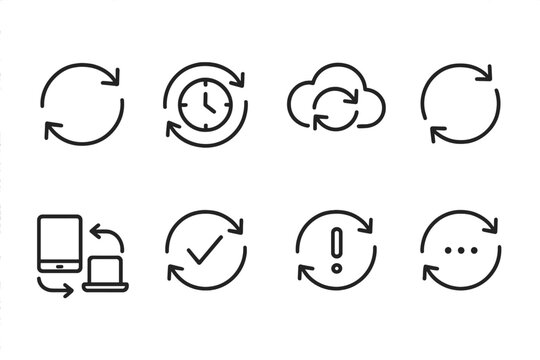 Data Sync Icons. Line style icons of data synchronization: sync arrows, real-time update, cloud sync icon, auto-refresh symbol,