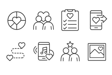 Dating App Icons. Line style icons of dating apps: compatibility wheel, couple goals, personality quiz, date suggestion, love