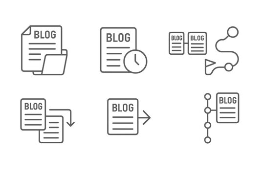 Blogging Tools Icons. Line style icons of blogging tools: blog archive, old post, series icon, content journey, related article,