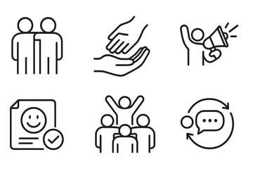Motivation Icons. Line style icons of motivation themes: support system, helping hand, cheer icon, shared joy, encouragement note,