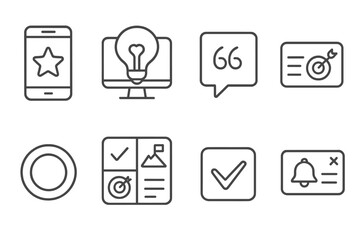 Motivation Icon Set. Line style icons of motivation themes: motivational app, inspiration dashboard, daily quote, goal widget,