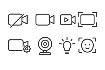 Video Conferencing Icons. Line style icons of video conferencing: camera off, camera on, video test, frame center, camera settings
