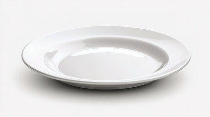 A clean, white ceramic plate with a slightly raised rim and a subtle glossy finish on a white background.
