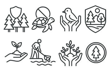 Fototapeta premium Nature Protection Icons. Line style icons of nature protection: forest icon, endangered species, wildlife rescue, protected park,