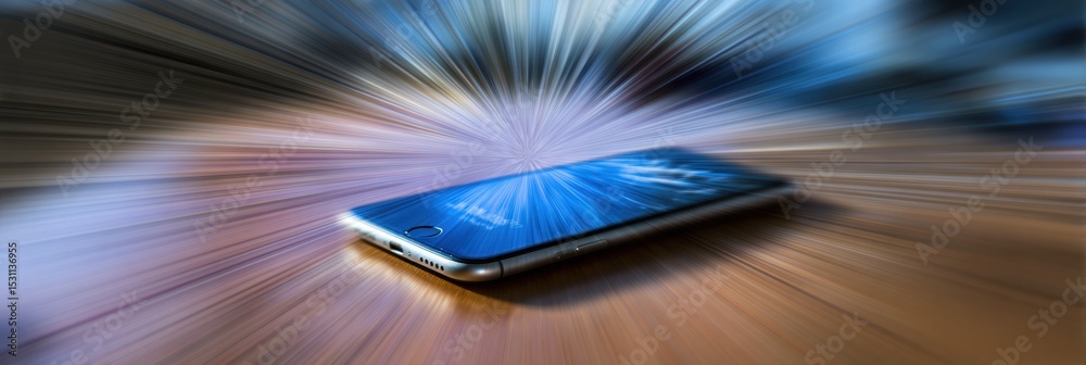 Poster Smartphone App Crash Error Captured in Motion Blur With Faded Top Layout on Wooden Surface