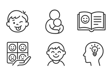 Child Psychology Icons. Line style icons of child psychology: playful face, parent-child icon, toy block, storybook, emotions