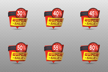 Set of super sale badges with up to 30%, 40%, 45%, 50%, 55%, and 60% off in red and yellow.