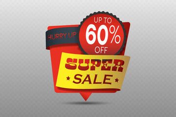 Super sale with up to 60 percent off red and yellow ribbon badge with shadow effect.