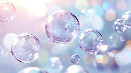 Transparent soap bubbles floating in a soft, colorful, and bright background with bokeh light effects.