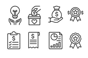 Creative Funding Icons. Line style icons for funding creative projects: crowdfunding, donation box, grant, sponsorship, budget