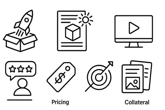 Line Style Marketing Icons. Line style icons for product marketing: product launch, feature highlight, user manual, demo video,